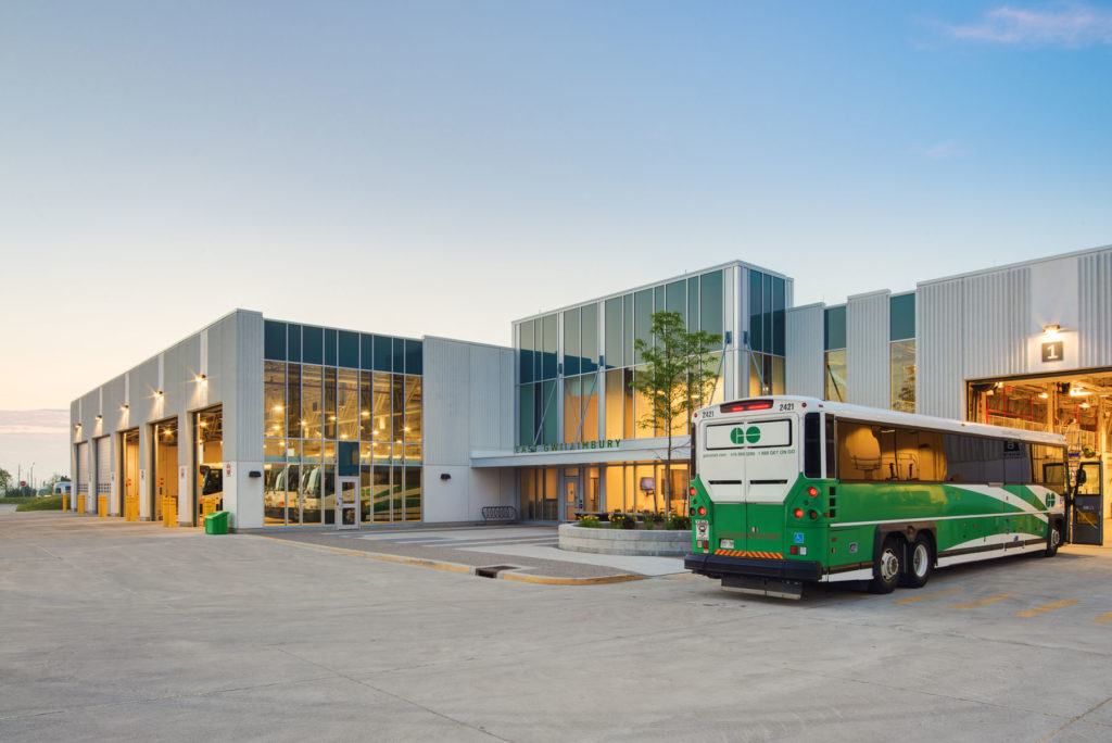 Exterior photo of the facility, showing the building entrance, overhead doors, and a GO bus driving into the maintenance bay