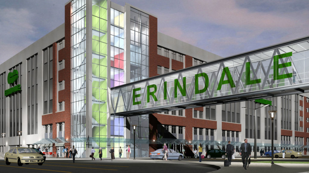 Exterior rendering of the parking structure and pedestrian bridge