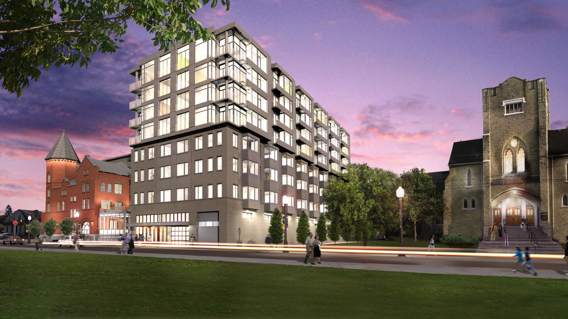 Exterior rendering of the new residential building with the historical YMCA building in the back