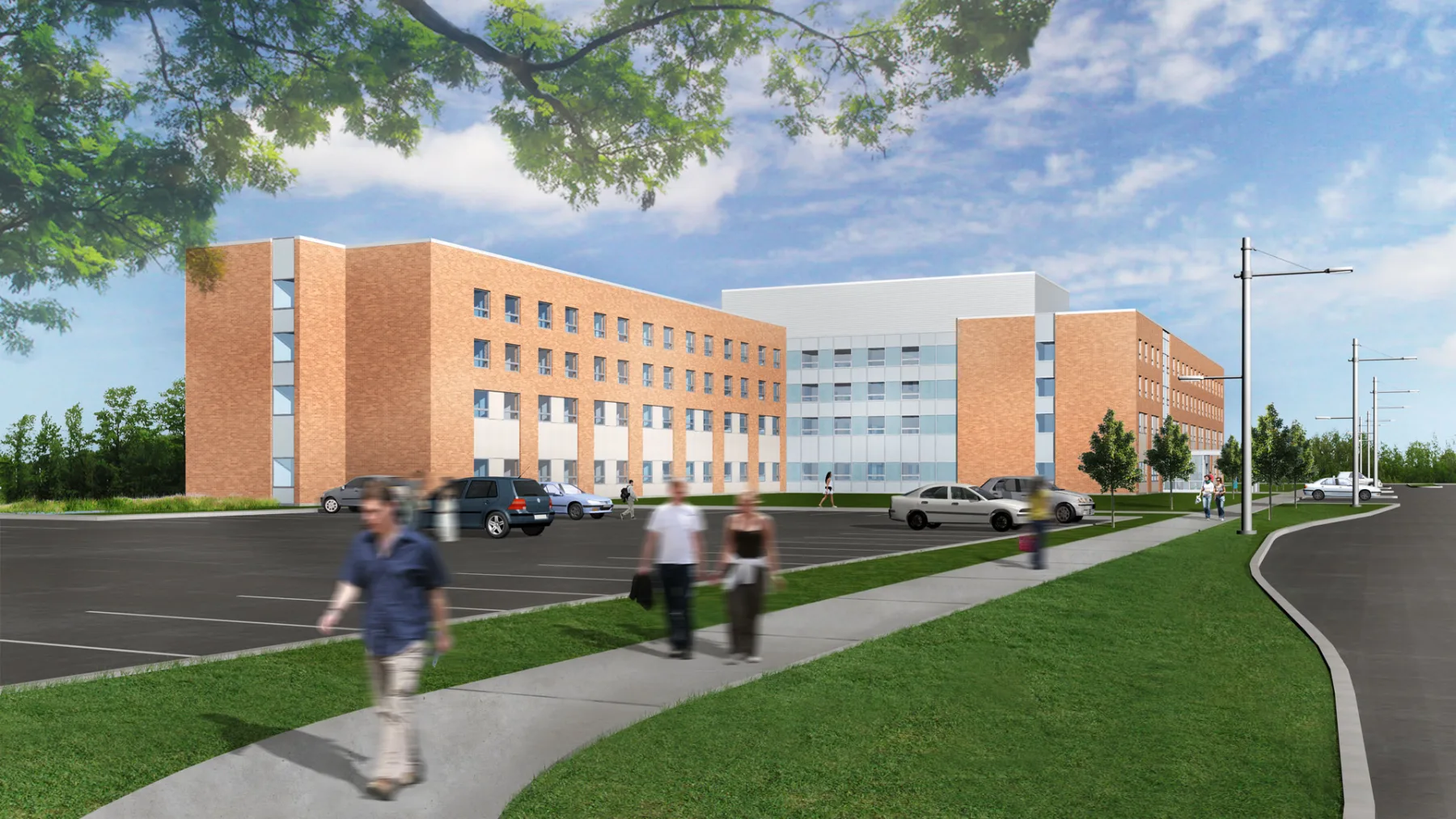 Exterior rendering of the building with parking lot in the front