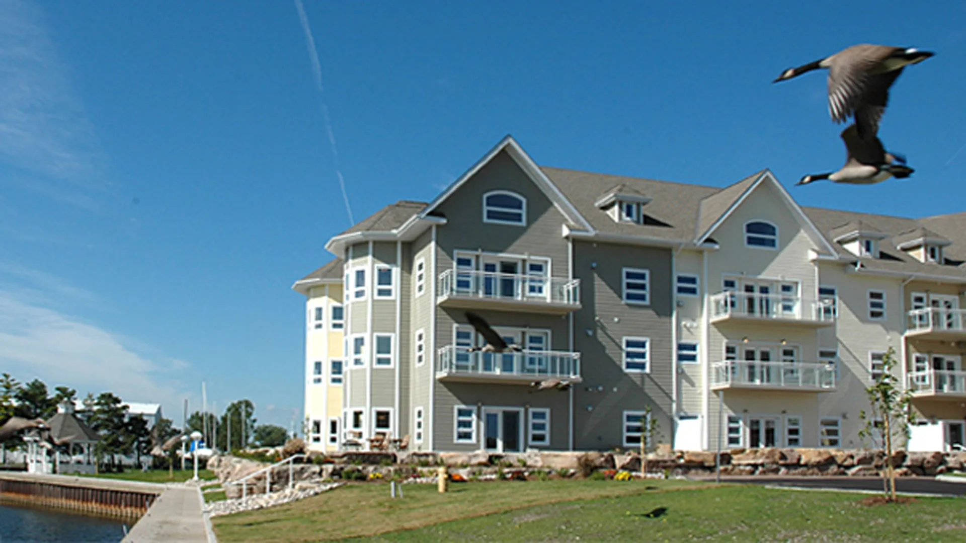 Exterior photo of the building by the harbour