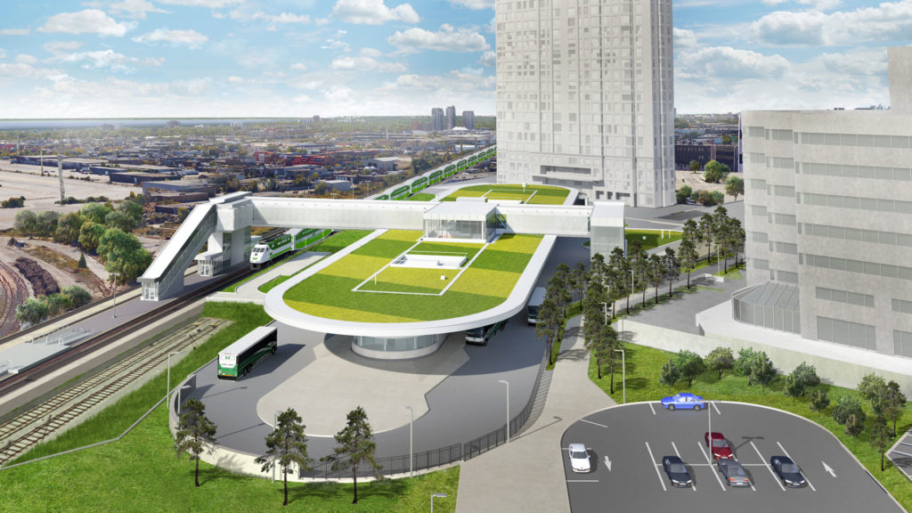 Aerial rendering of the facility showing the bus terminal building, pedestrian bridge, green roofs, rail platforms and tracks
