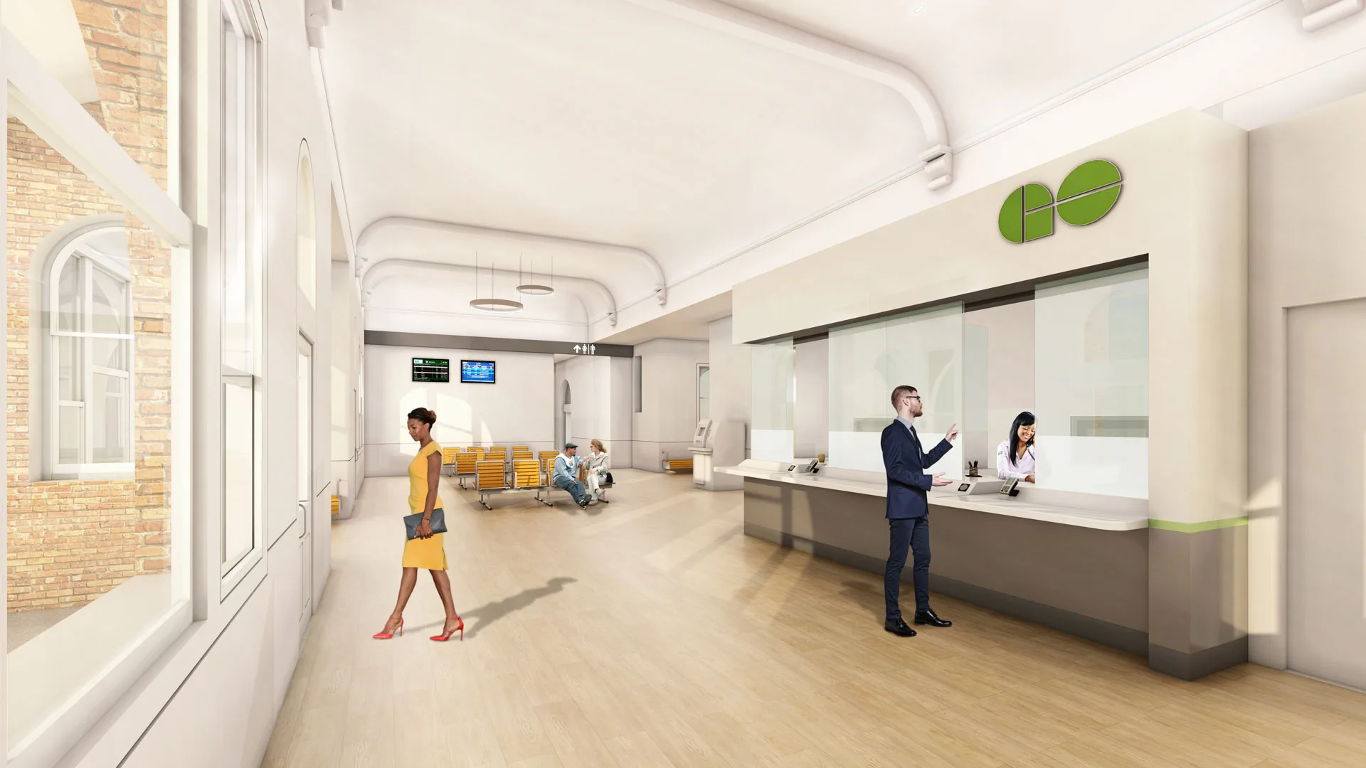 Interior rendering of the station, showing the ticket kiosk and waiting area