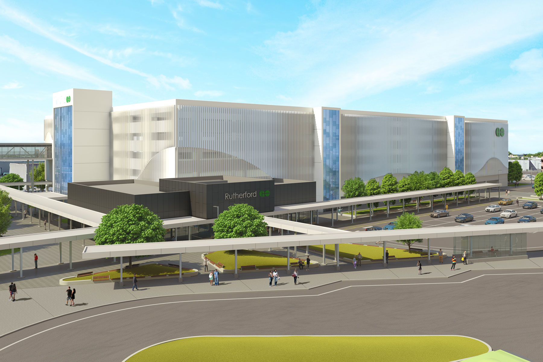 Exterior rendering of the facility showing the parking structure and bus terminal