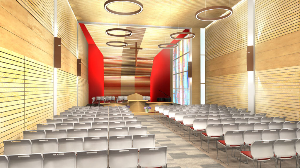 Interior rendering of the church, showing the stage and sitting areas.