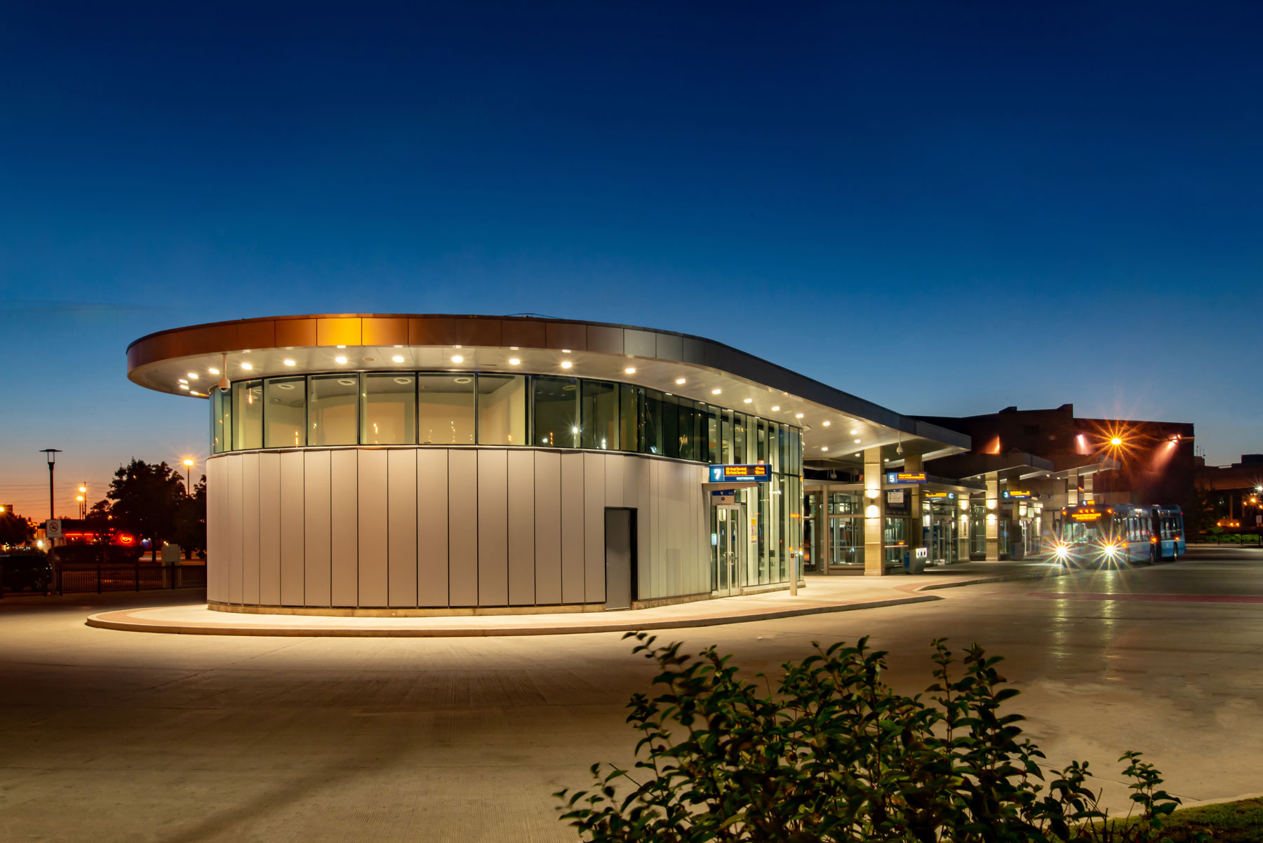 Exterior photo of the bus terminal at night