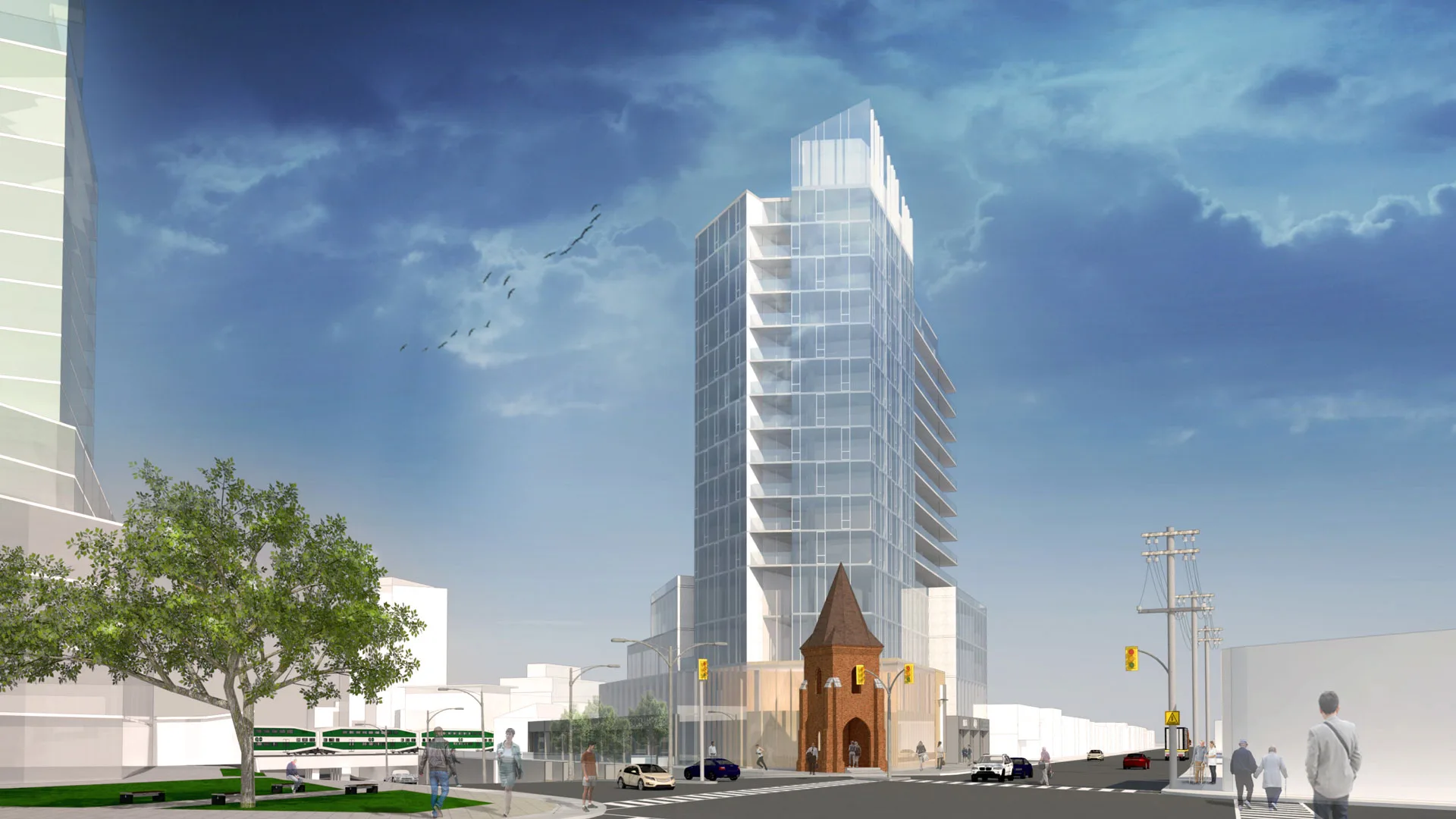 Rendering of the building showing the historic church and streets intersection