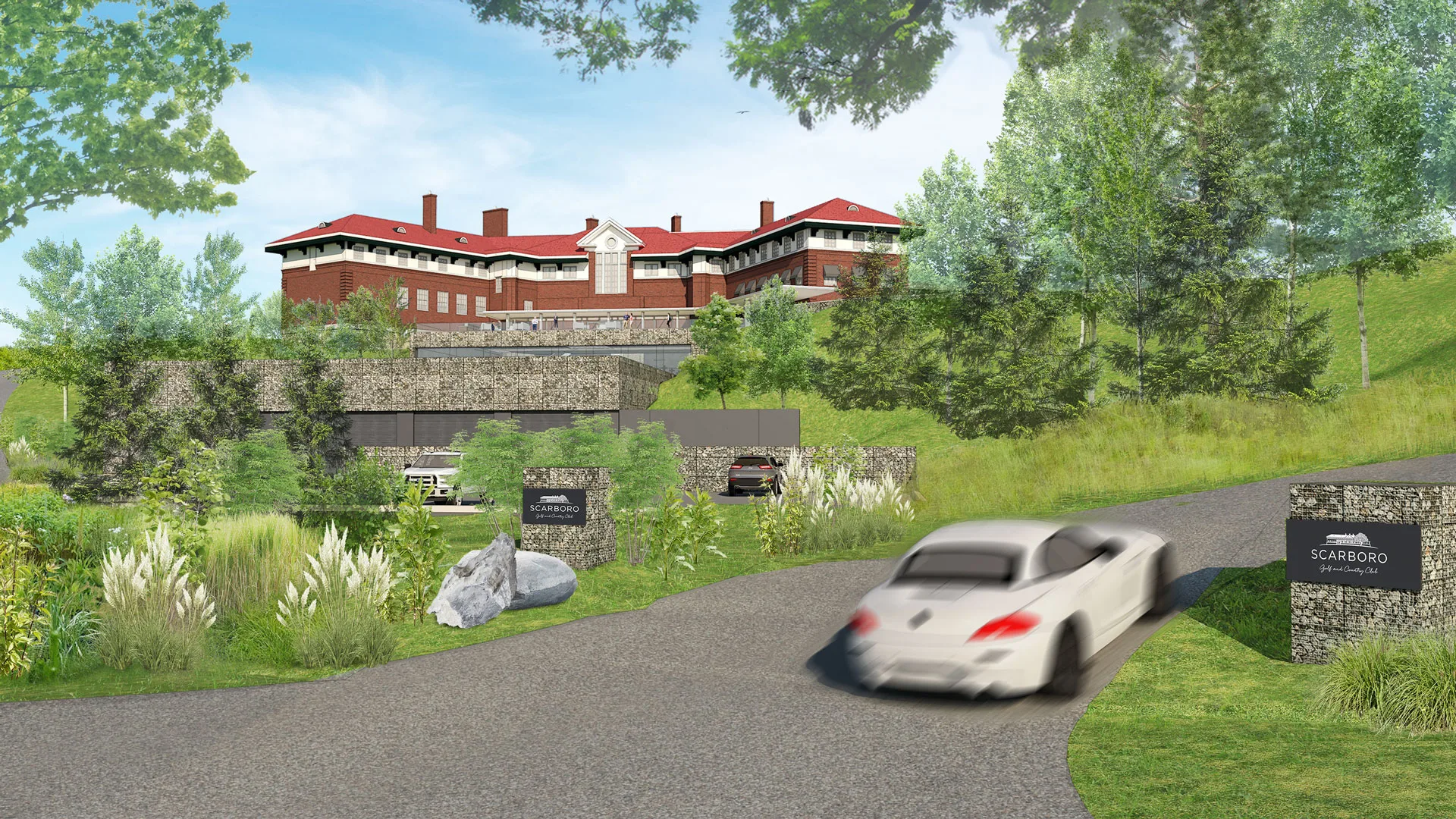 Exterior rendering of the country club building and landscape