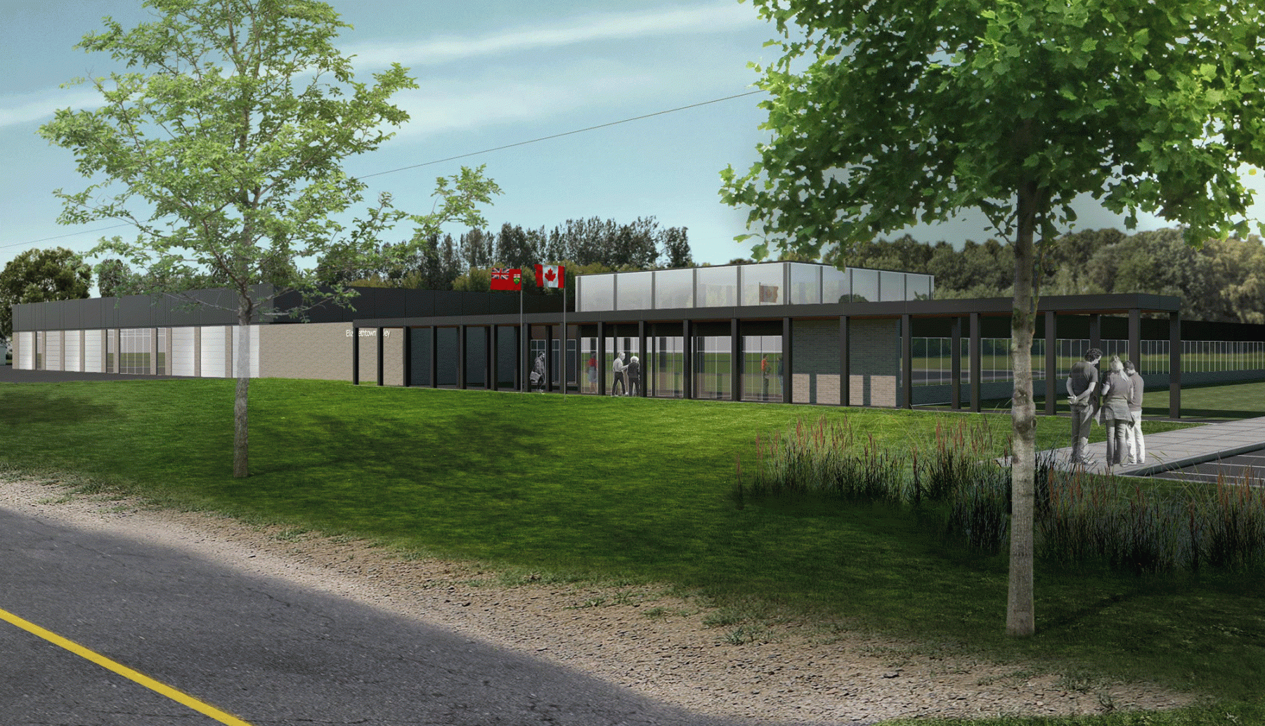 Architectural rendering of the modern Elizabethtown-Kitley facility with Canadian and Ontario flags flying out front