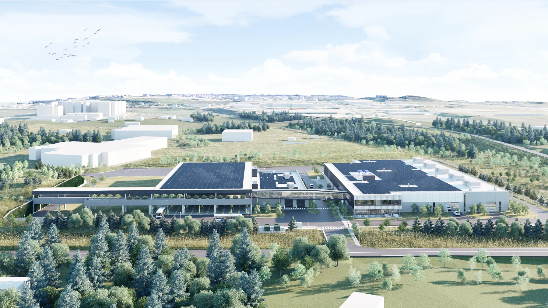 Aerial rendering of a transit facility with rooftop solar panels, bus bays, and surrounding green space